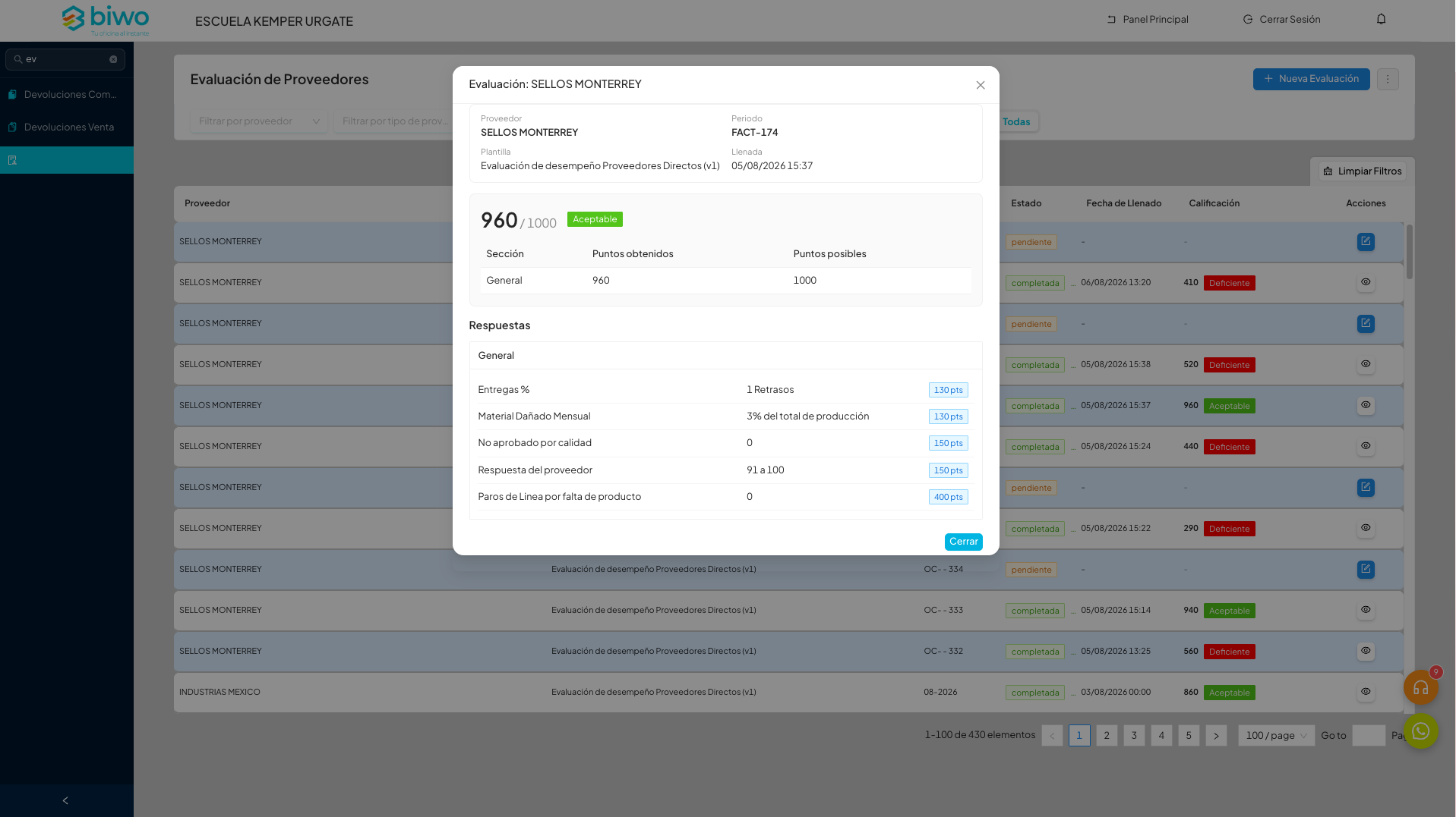 Imagen temporal del módulo Evaluación de Proveedores en BIWO ERP